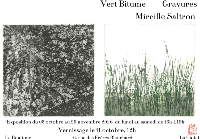 Du 5 octobre au 29 novembre, à La Boutique, exposition Vert de bitume, gravures de Mireille Saltron